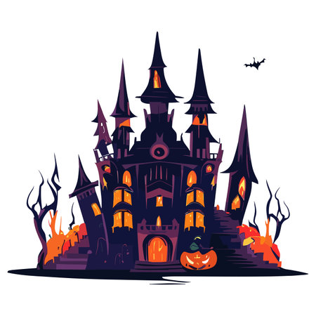 Halloween background with haunted house. Vector illustration in flat style.のイラスト素材