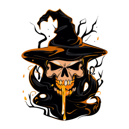 Skull in a witch hat. Vector illustration on white background.のイラスト素材