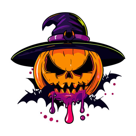 Halloween pumpkin with witch hat and dripping blood. Vector illustration.のイラスト素材