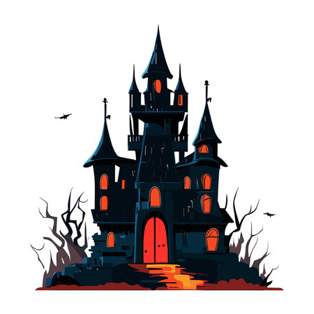 Halloween background with spooky castle. Vector illustration in flat styleのイラスト素材