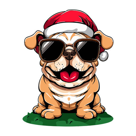 Cute cartoon dog in red santa claus hat and sunglasses. Vector illustration.のイラスト素材
