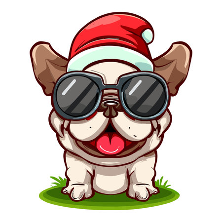 Cute french bulldog in santa claus hat with sunglassesのイラスト素材