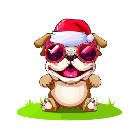 Cute dog in santa claus hat and sunglasses. Vector illustration.のイラスト素材