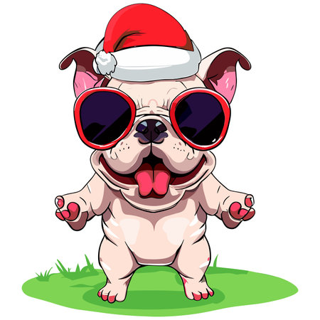 Funny French Bulldog in Santa Claus hat and sunglasses. Vector illustrationのイラスト素材