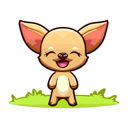 Cute little chihuahua cartoon character standing on grass. Vector illustration.のイラスト素材