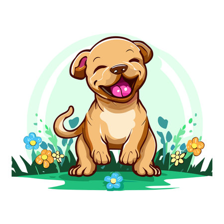 Cute puppy sitting on the grass with flowers. Vector illustration.のイラスト素材