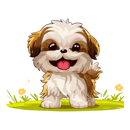Cute Shih Tzu puppy sitting on the grass. Vector illustrationのイラスト素材