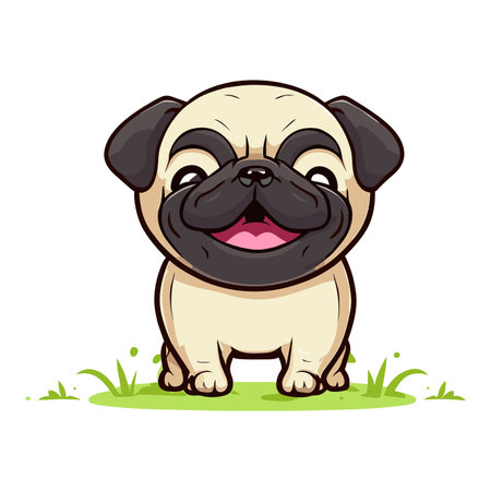 Cute pug dog standing on the grass. Vector illustration.のイラスト素材