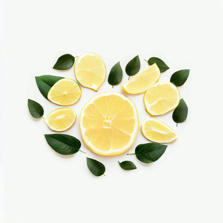 Creative layout made of lemon slices and green leaves on white background. Flat lay, top view.の素材
