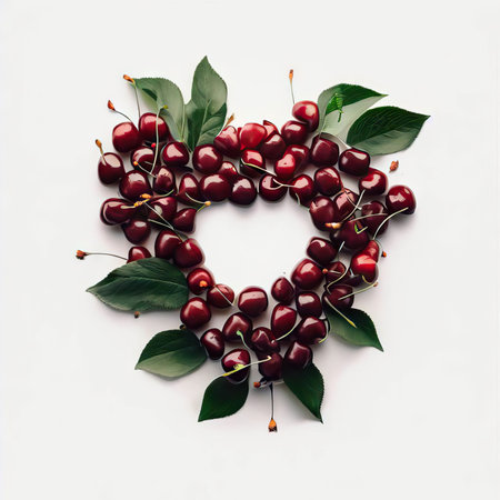 Cherries in the form of a heart on a white backgroundの素材