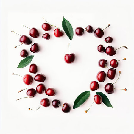 Cherries in the shape of a heart on a white backgroundの素材