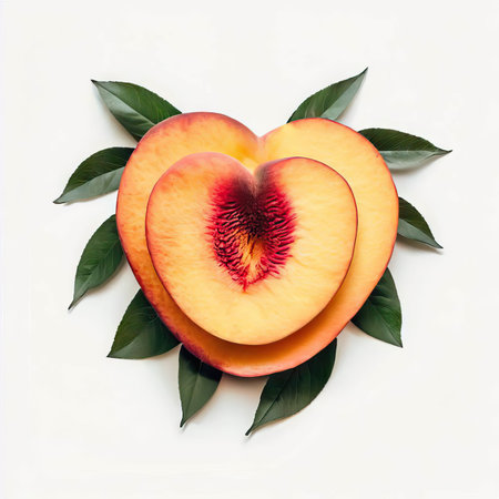 Fresh peach slices with green leaves on white background. Flat lay, top viewの素材