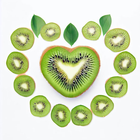 Heart made of kiwi slices and green leaves on white backgroundの素材