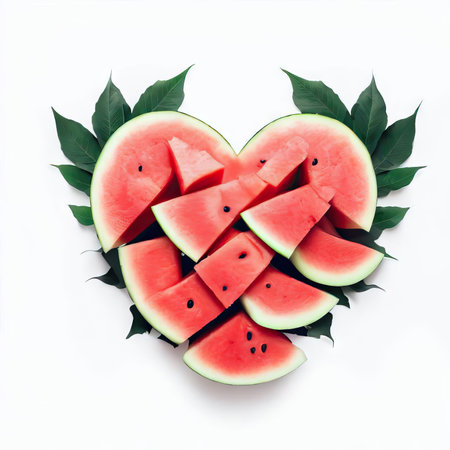 Watermelon slices in heart shape with green leaves on white background.の素材