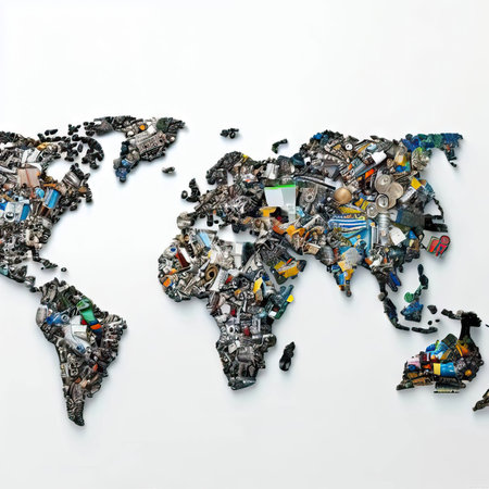 World map made of waste on white background. 3D illustration.の素材