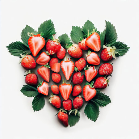 Heart made of fresh strawberries with green leaves on white background. Flat lay, top viewの素材