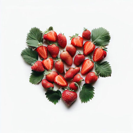 Heart shape made of fresh strawberries on white background. Flat lay, top viewの素材