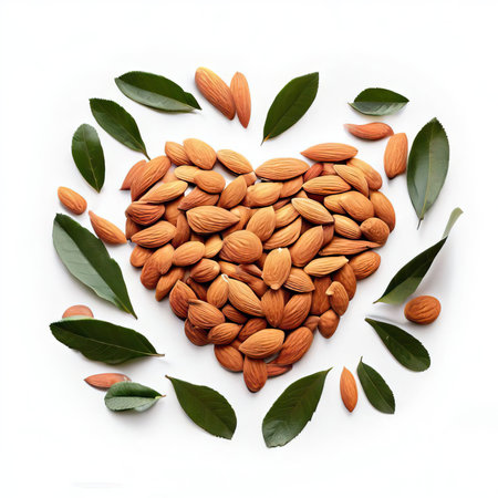 Almonds in heart shape with green leaves on white background, top viewの素材