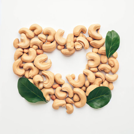 Roasted cashew nuts with green leaves on white background, top viewの素材