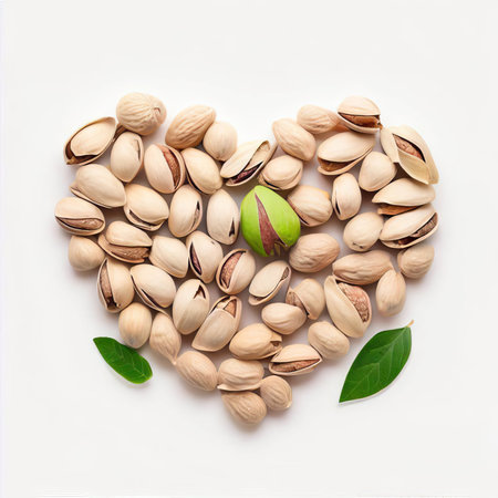 Heart shape made of pistachios with green leaf on white backgroundの素材