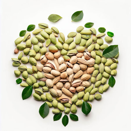 Heart shape made of pistachios and green leaves on white backgroundの素材