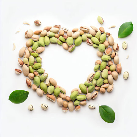Heart shape made of pistachios and green leaves on white backgroundの素材