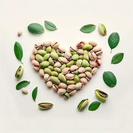 Heart made of pistachios with green leaves on white background, top view