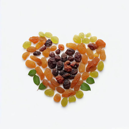 Dried fruits in the shape of a heart on a white backgroundの素材