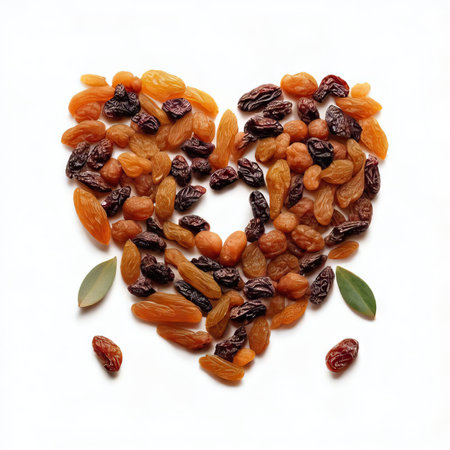 Heart of raisins and dried apricots on white backgroundの素材