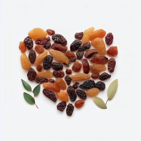 Heart of raisins and dried apricots on white backgroundの素材