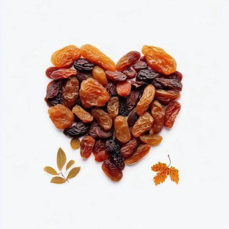Heart of dried apricots and raisins on white backgroundの素材