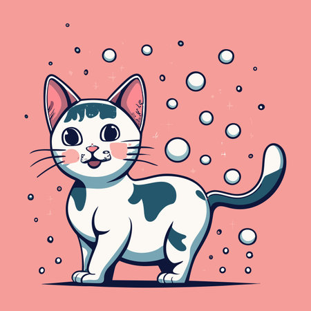 Cute cartoon cat on a pink background with snowflakes.のイラスト素材
