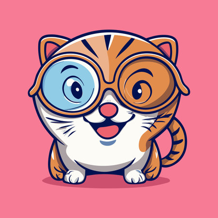 Cute cartoon tiger with glasses. Vector illustration on pink background.のイラスト素材