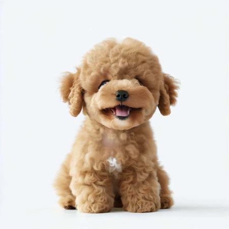 Cute toy poodle puppy sitting on white background, studio shotの素材