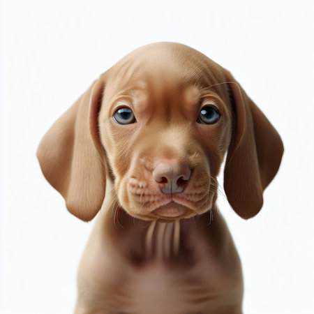 Portrait of a hungarian vizsla puppy on white backgroundの素材
