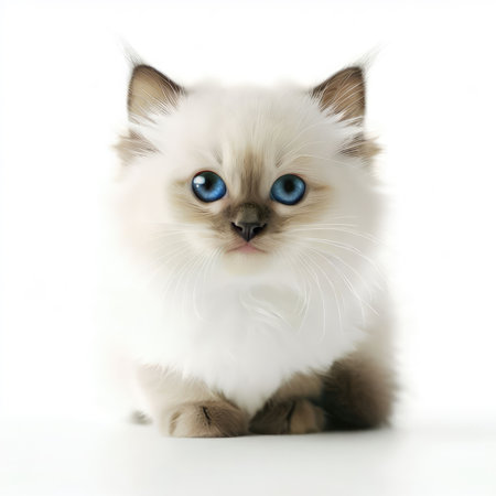Portrait of a ragdoll cat with blue eyes on white backgroundの素材
