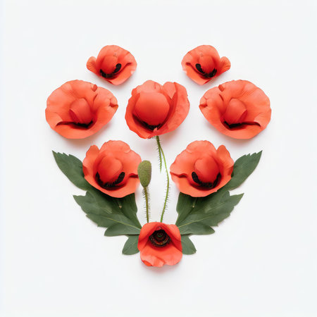 Red poppies on white background. Flat lay, top viewの素材