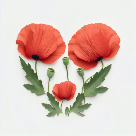 Red poppies on white background. Flat lay, top viewの素材