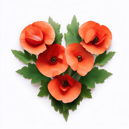 Heart made of red poppies with green leaves on white backgroundの素材