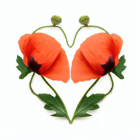 Poppies on a white background in the form of a heartの素材