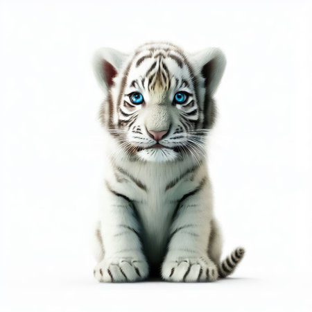 White tiger cub with blue eyes isolated on white background. 3D illustration.の素材