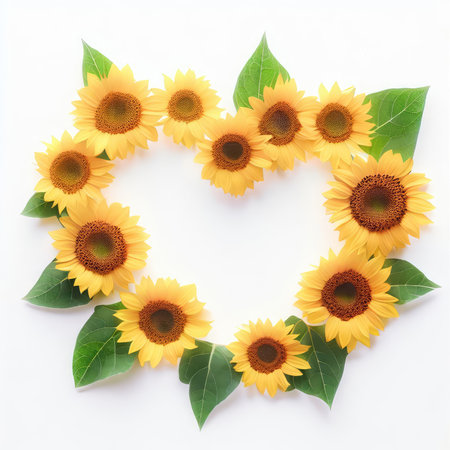 Heart made of sunflowers with green leaves on white background.の素材