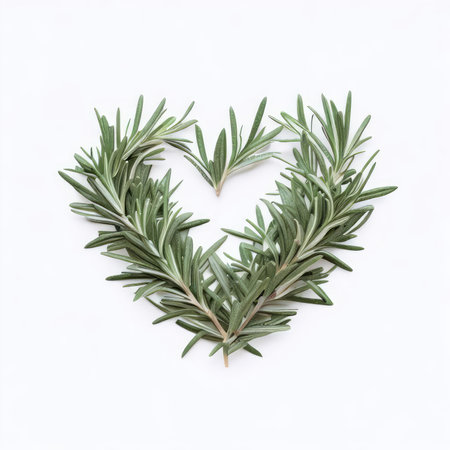 Rosemary twig in the shape of a heart on a white backgroundの素材