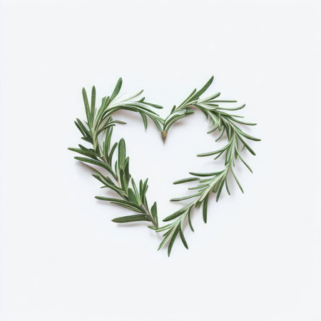 Rosemary in the shape of a heart on a white background.の素材