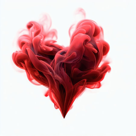 Red smoke heart shape on white background. Valentine's day concept.の素材