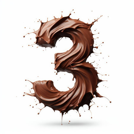 Chocolate splash with number 3, 3d rendering isolated on white backgroundの素材