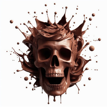 Chocolate splash with human skull isolated on white background. 3d illustrationの素材