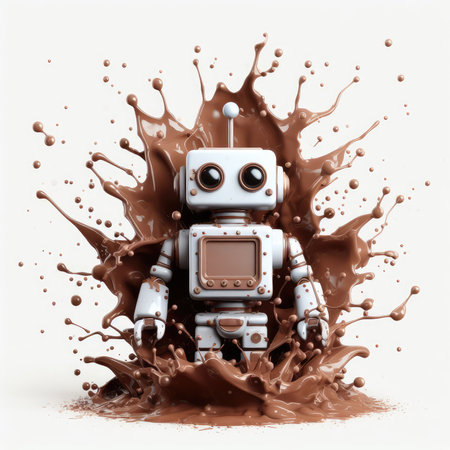 3d rendering robot with splash of chocolate milk on white background.の素材