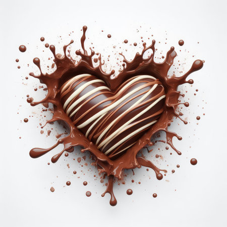 Chocolate heart with chocolate splashes on white background. 3d renderingの素材