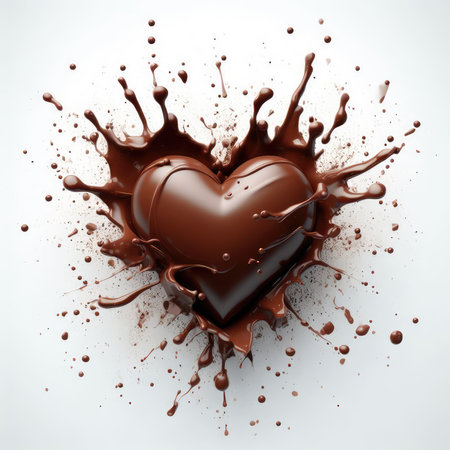 Heart made of chocolate with drops and splashes isolated on white backgroundの素材